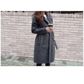Raglan-sleeve Double-breasted Coat With Sash