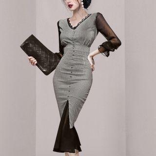 Long-sleeve Mesh Panel Check Midi Mermaid Dress