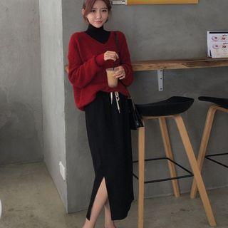 Turtleneck Side Slit Midi Dress / V-neck Sweater / Set