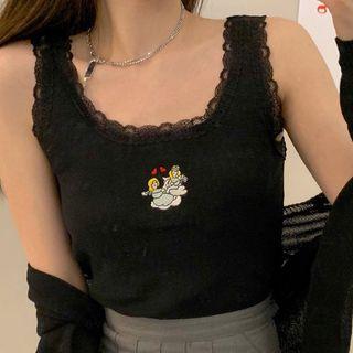Lace Trim Embroidered Knit Tank Top