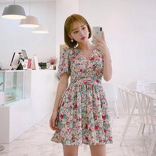 Floral Linen Blend Gathered Dress