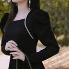 Long-sleeve Square-neck Beaded Midi A-line Dress