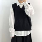 Long-sleeve Shirt / Midi A-line Skirt / Knit Vest