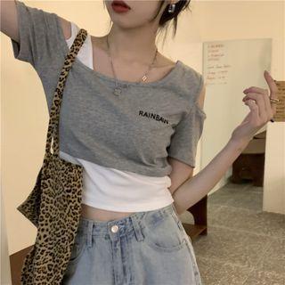 Mock Two-piece Color Panel Short-sleeve Cropped Top