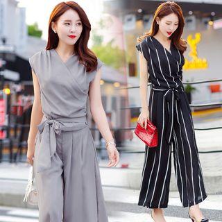 Set: Tie Waist Wrap Tank Top + Wide Leg Pants