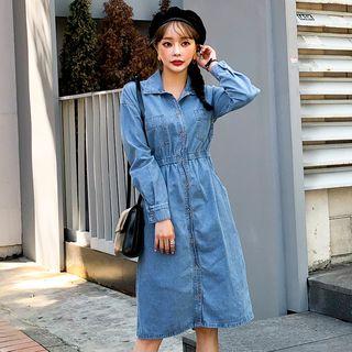 Pocket-front Band-waist Denim Shirtdress