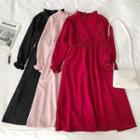 Plain Lace-up Ruffled-trim Flare-sleeve Dress