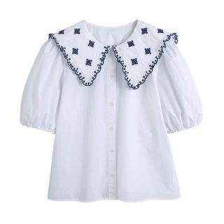Puff-sleeve Embroidered Collar Cropped Blouse