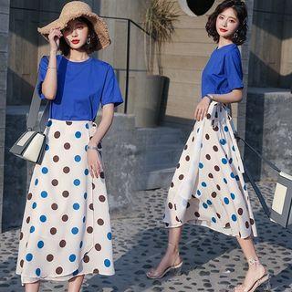 Set: Short Sleeve Plain T-shirt + Dot Print Chiffon A-line Skirt