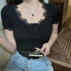 Short-sleeve Lace Panel Lettuce Edge Top