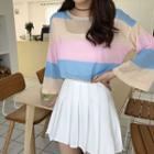3/4-sleeve Color Block Knit T-shirt As Shown In Figure - One Size