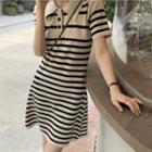 Short-sleeve Striped A-line Polo Dress Stripe - Black & Beige - One Size