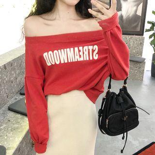 Lettering Off-shoulder Pullover / High-waist Midi Straight-fit Skirt