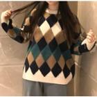Contrast Argyle Sweater As Shown In Figure - One Size