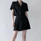 Set: Short-sleeve Open-collar Crop Shirt + Mini A-line Skirt