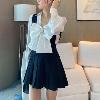 Set: Ribbon Shirt + Pleated Mini A-line Overall Dress