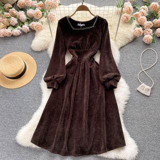 Square-neck Corduroy Puff-sleeve Dress