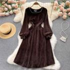 Square-neck Corduroy Puff-sleeve Dress