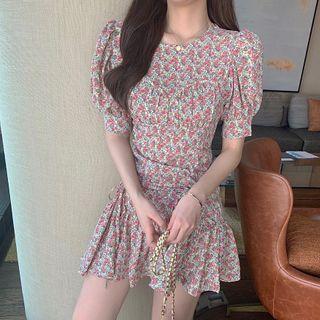 Puff-sleeve Floral Printed Drawstring Dress