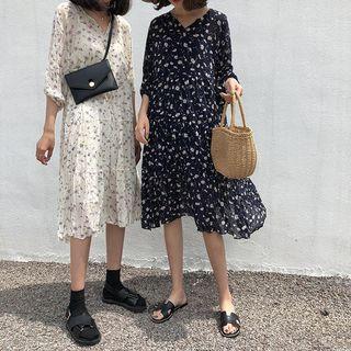 Set: Plain Slipdress + Floral Print 3/4-sleeve Dress