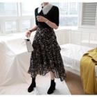 Asymmetric-hem Ruffled Floral Long Skirt