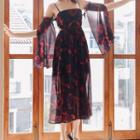 Off-shoulder Open Back Long-sleeve Midi A-line Dress