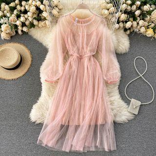 Set: Long-sleeve A-line Mesh Dress + Spaghetti Strap Lace Dress