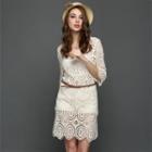 3/4-sleeve Lace Dress With Belt As Shown In Figure - One Size