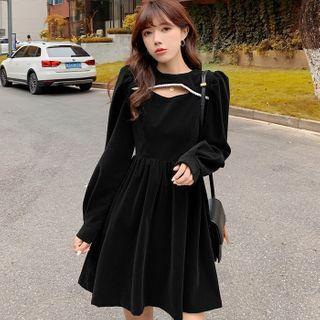Cut-out Long-sleeve Mini A-line Velvet Dress