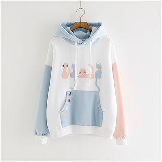 Cat Applique Color Block Hoodie