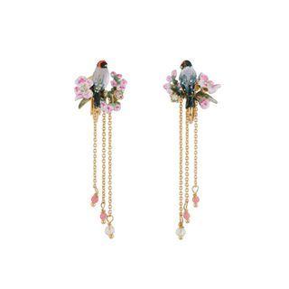 Fashion And Elegant Plated Gold Enamel Pink Bird Flower Tassel Earrings With Cubic Zircon Golden - One Size