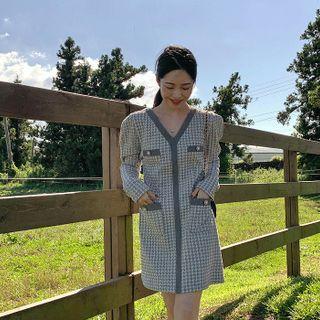 Piped Puff-sleeve Tweed Minidress