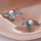 Faux Pearl Floral Ear Stud 1 Pair - S925 Silver - Blue - One Size