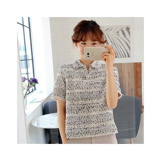 Collared Short-sleeve Tweed Top