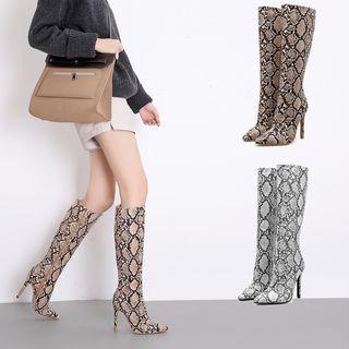 Pointy Toe Snake Pattern High Heel Tall Boots