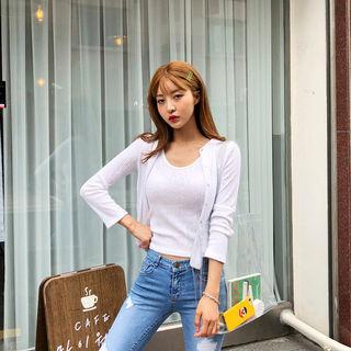 Set: Diagonal-hem Ribbed Cardigan + Sleeveless Top