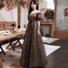 Puff-sleeve Star Print A-line Evening Gown