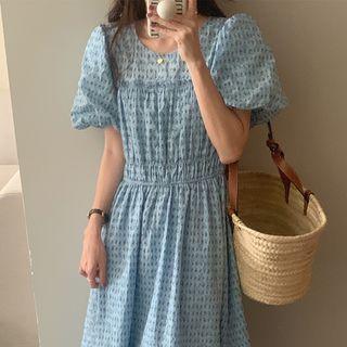 Puff-sleeve Floral Midi Smock Dress Blue - One Size