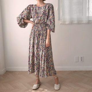 Balloon-sleeve Tie-waist Maxi Floral Dress