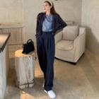 Loose-fit Plain T-shirt / Knit Cardigan / High-waist Straight-cut Dress Pants