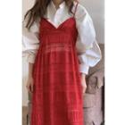 Puff-sleeve Shirt / Lace Overall Dress