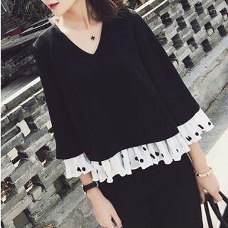 3/4-sleeve Dotted Trim Chiffon Top