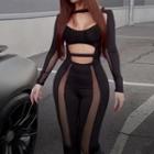 Long-sleeve Cutout Mesh Panel Fitted Jumpsuit