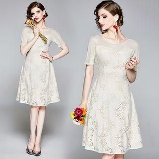 Striped Panel Lace Short-sleeve A-line Dress
