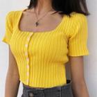 Buttoned Short-sleeve Ribbed Cropped Top