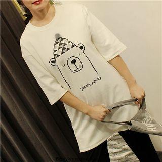 Bear Print Elbow-sleeve T-shirt