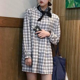 Long-sleeve Frill Neck Check Dress