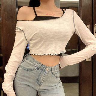 Set: One-shoulder Long-sleeve Cropped T-shirt + Camisole Top