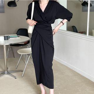 Elbow Sleeve V-neck Maxi Draped Dress