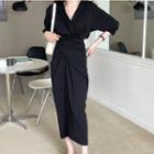 Elbow Sleeve V-neck Maxi Draped Dress